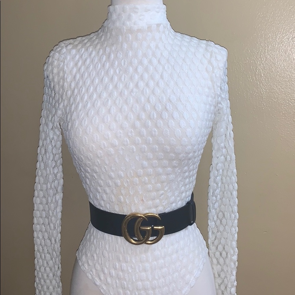 A3 PolkaDot Turtleneck White Sheer Bodysuit Medium